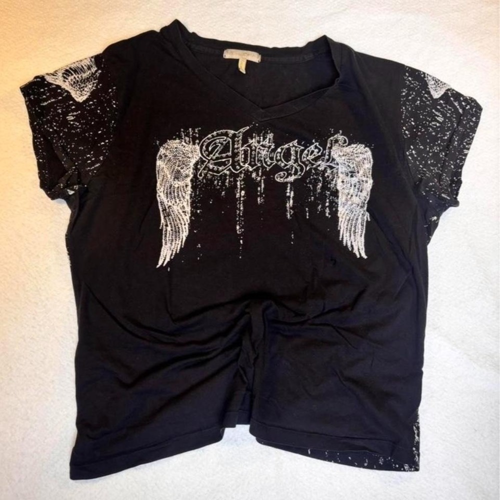 Y2K Angel Wings Rhinestone Graphic T Shirt Womens Black Grunge Fairycore 3XL